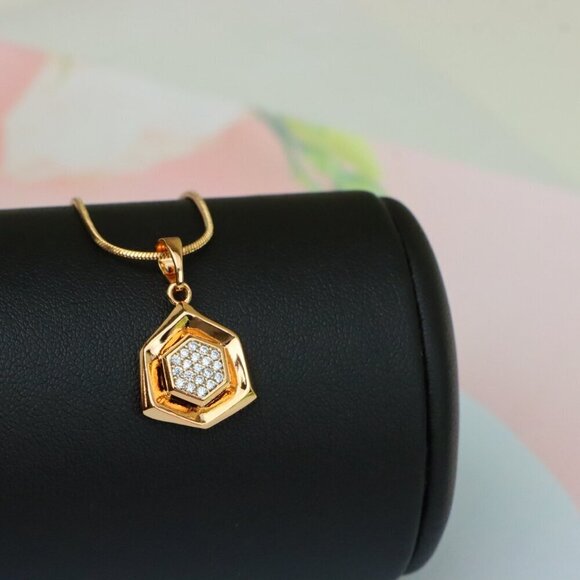"Geometric Rose Gold Pendant with Crystal Hexagon, XPPT1575 - Picture 4 of 13